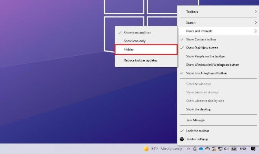 Cách bật tắt ứng dung News và interests trên window 10